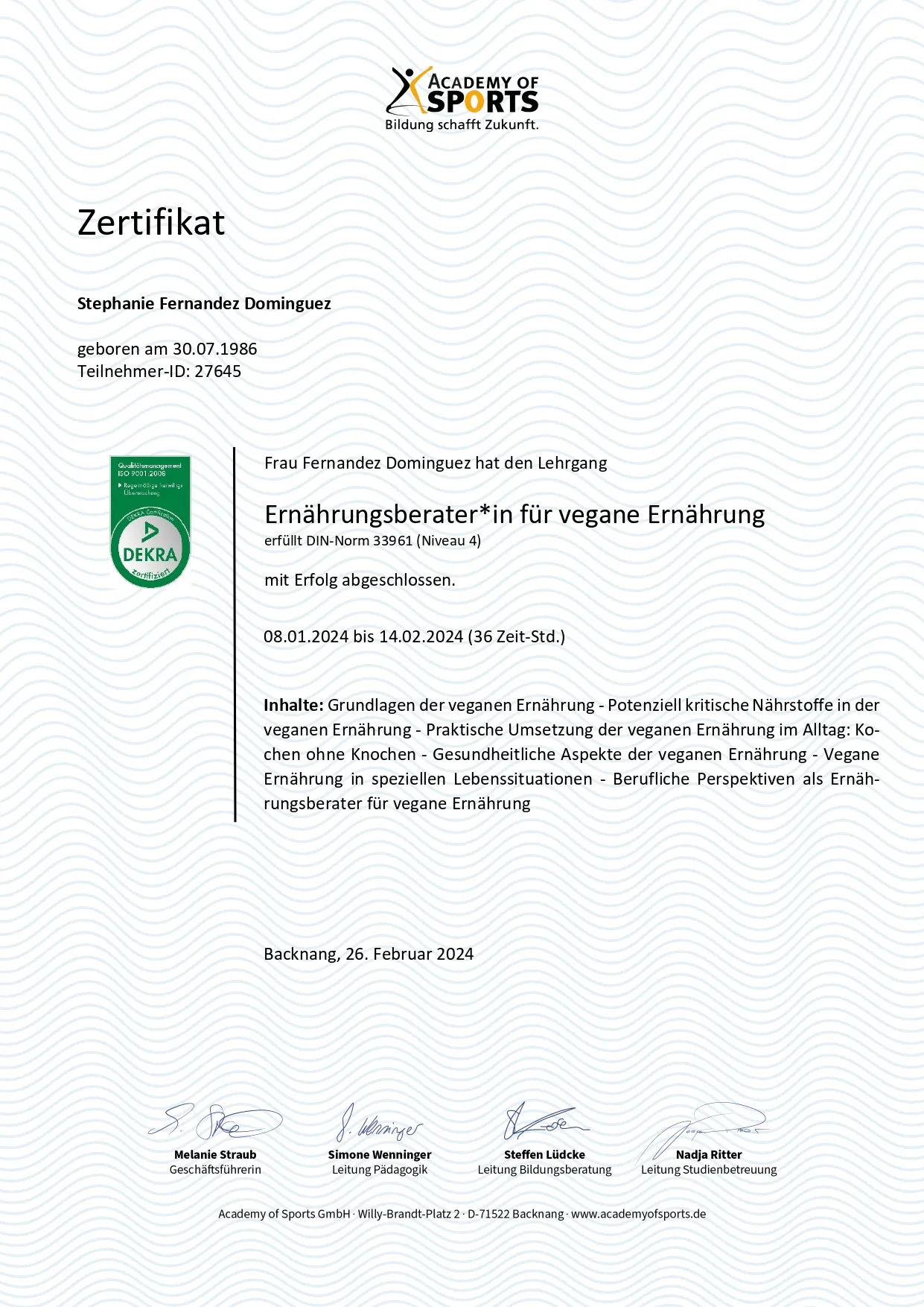 Zertifikate von Stephanie Fernandez, Ernährungsberatung