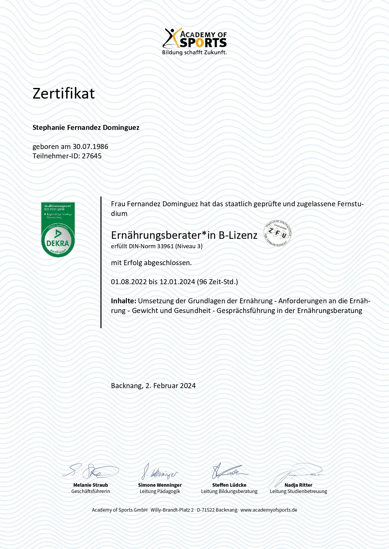 Zertifikate von Stephanie Fernandez, Ernährungsberatung